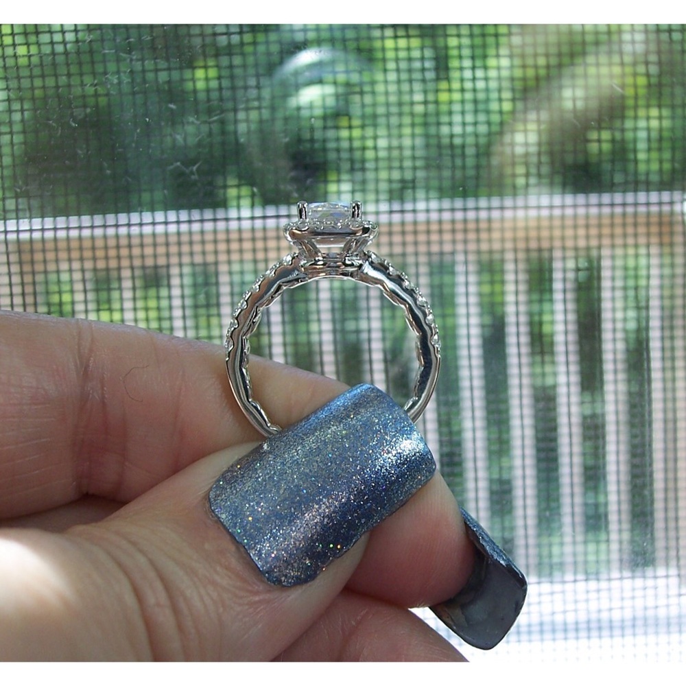 925 STERLING SILVER Radiant Cut Clear Cubic Zirconia Halo Ring - Picture 8 of 16